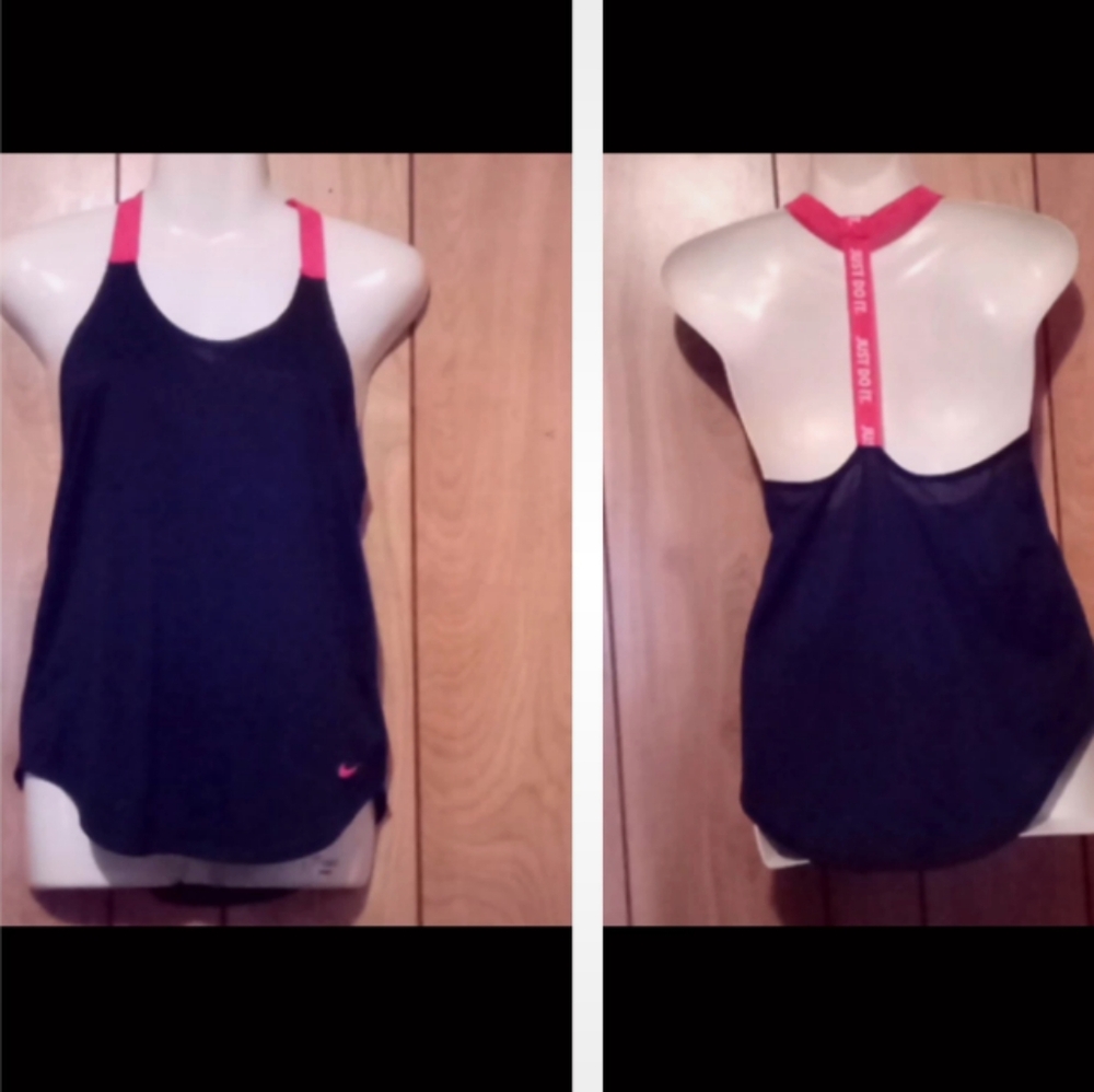 Nike Women's Black and Red Tank Top.Nike navy and red racerback tank top #active